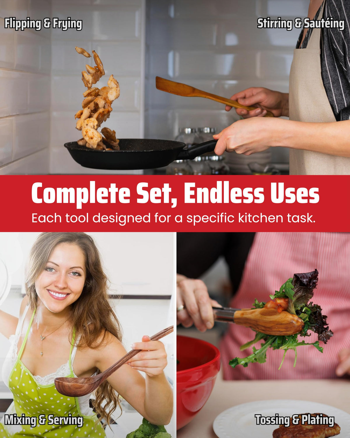 Elegant 5-Piece Walnut Wood Kitchen Utensil Set – Non-Scratch, Heat-Resistant Cooking Utensil Set with Kitchen Tongs, Spoons, Spatula & Ladle – Lightweight, Durable & Perfect for Daily Use or Gifting
