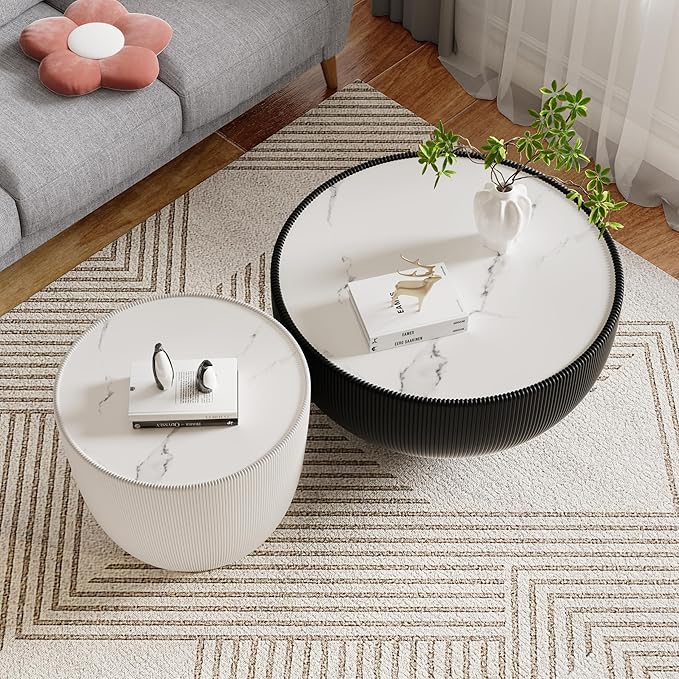 SSLine Bowl-Shape Coffee Table Set of 2 Modern Sintered Stone Top Nesting
