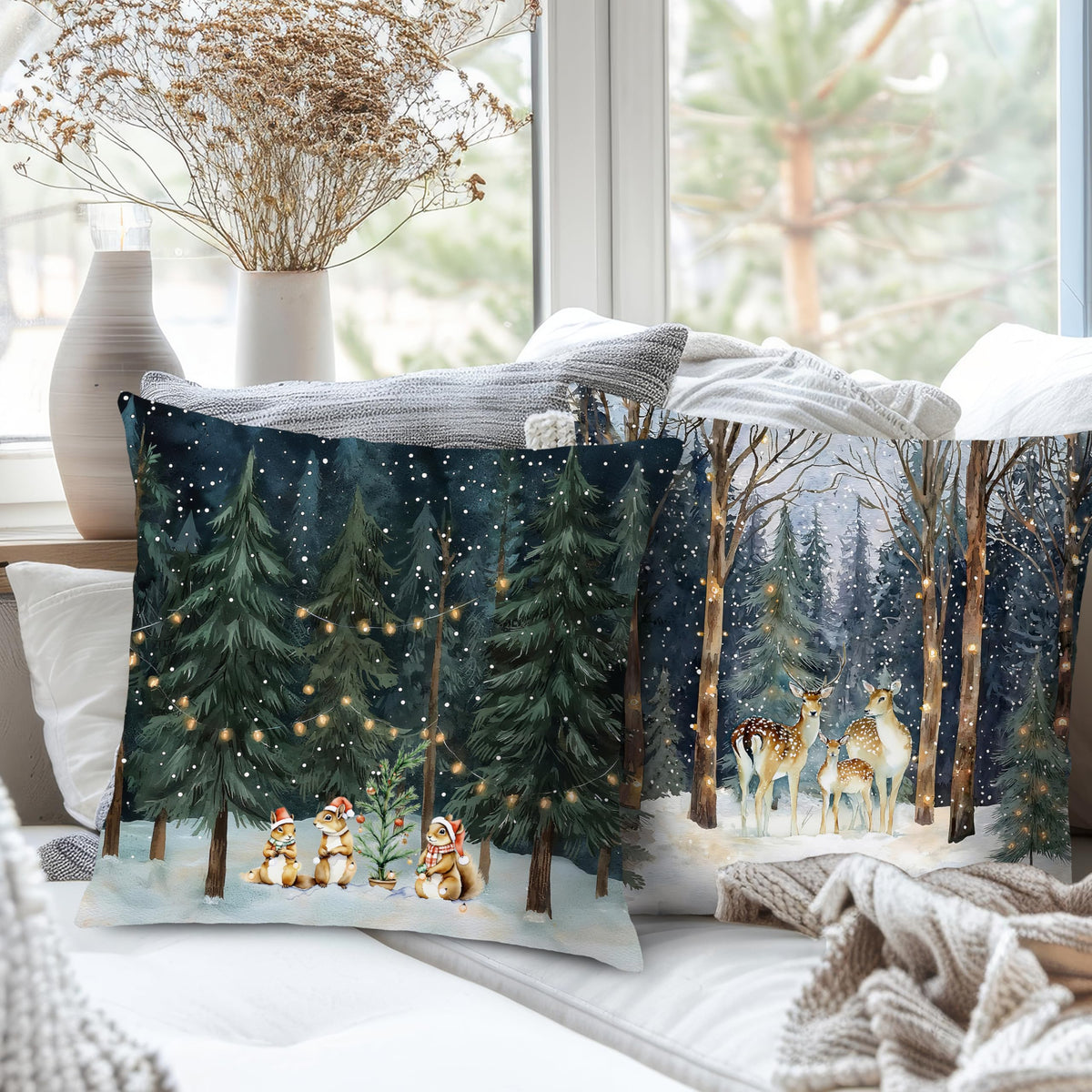 Nipil Christmas Winter Reindeer Squirrel Fox Bear Forest Pillow Covers 18x18 Set of 4,Rustic Christmas Xmas Animal Forest Winter Decorative Throw Pillow Covers for Home Bedroom Living Room