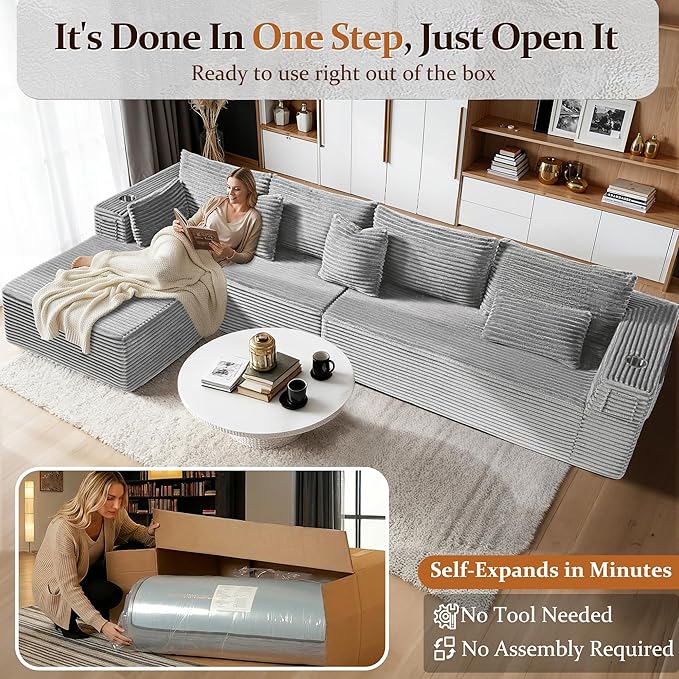 138" Oversized Cloud Sectional Couch, Comfort L Shaped Boneless Couch