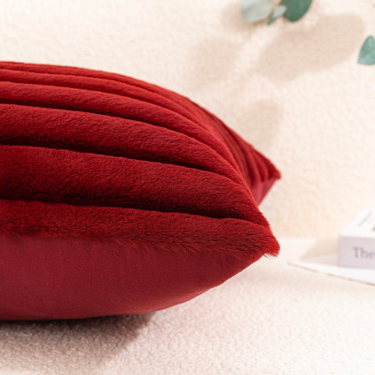Uhomy Set of 2 Faux Fur Plush Christmas Red Decorative Throw Pillow Covers Fuzzy Striped Soft Pillowcase Cushion Covers for Sofa Couch Bedroom 12x20 inch 30x50 Cm Burgundy Red