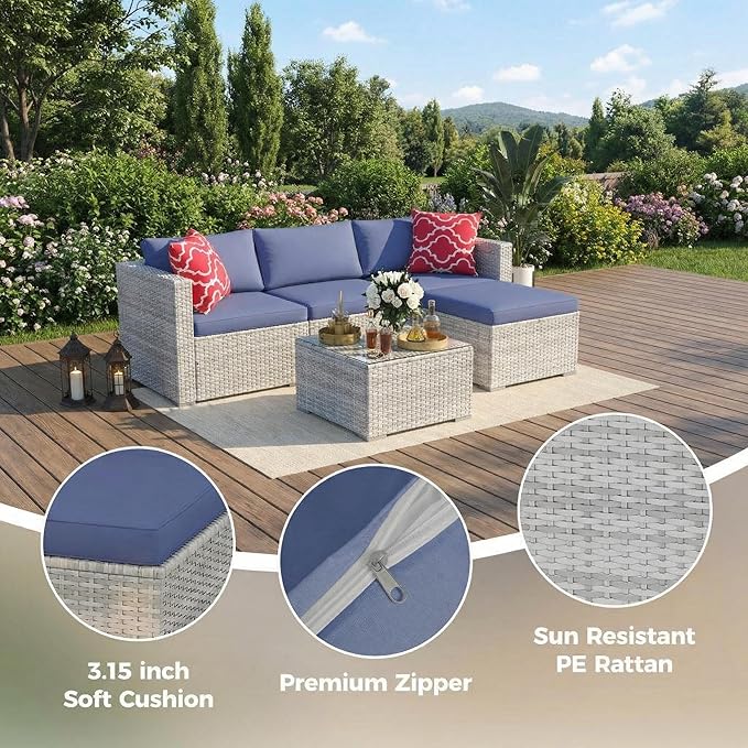 5-Piece L-Shaped Outdoor Patio Furniture Set, PE Wicker Sectional Sofa Set