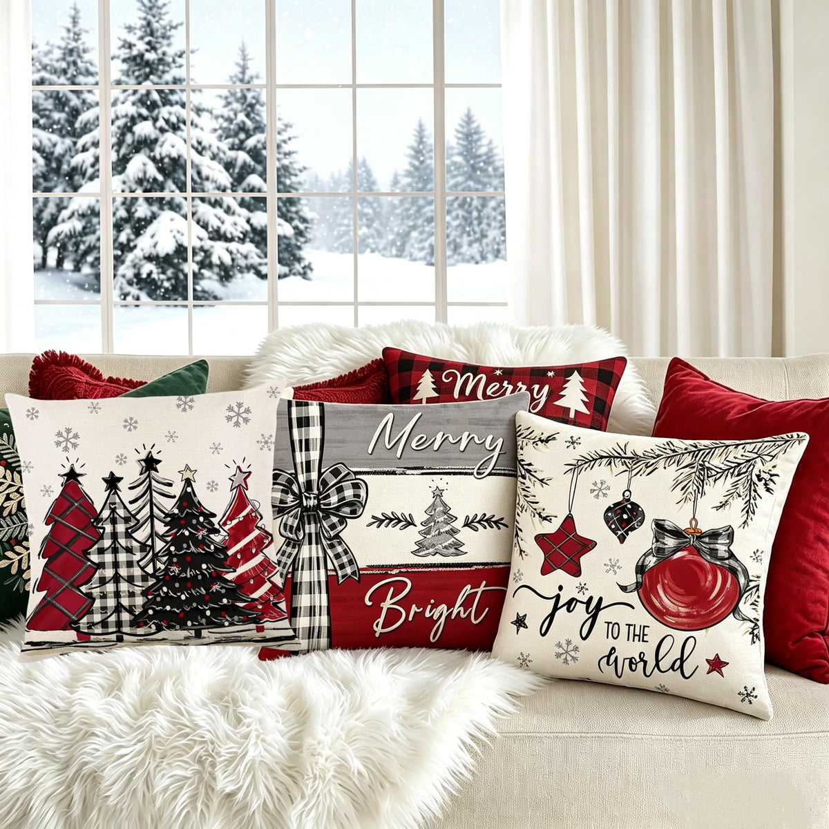 Ni-JASW Red Grey Plaid Christmas Throw Pillow Covers 18x18 inch, Farmhouse Let it Snow Tree Balls Xmas Cushion Case for Sofa Couch Set of 4