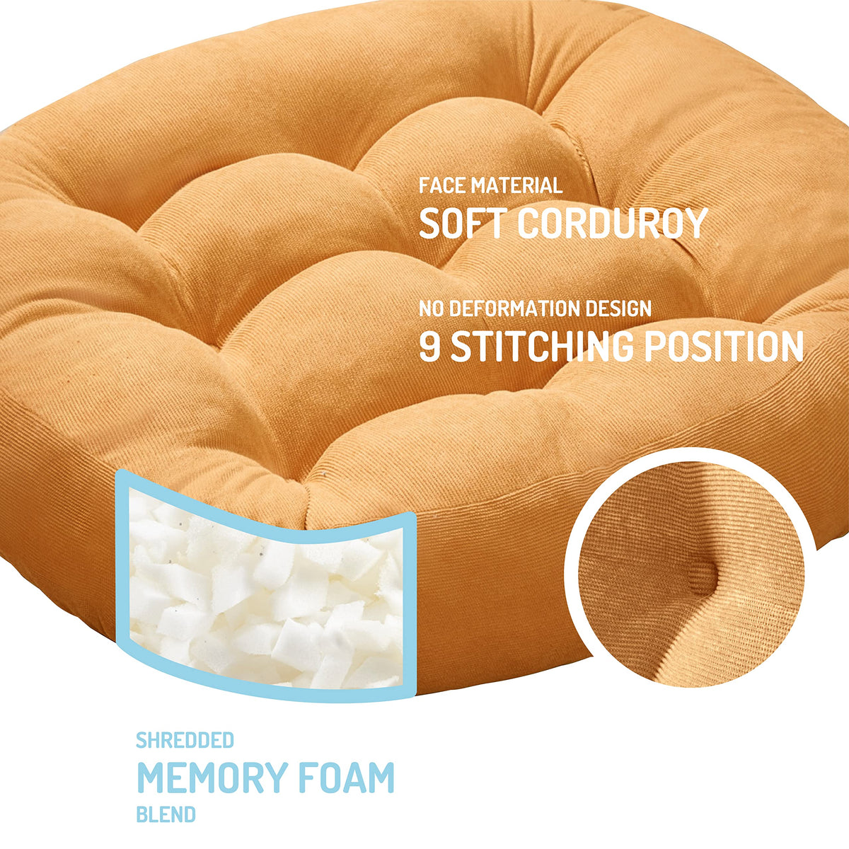 Floor Cushion Pillow Set of 2, Round Large Pillows Seating for Adults, Tufted Corduroy Cushions for Living Room Tatami, Orange Yellow, 22 Inch