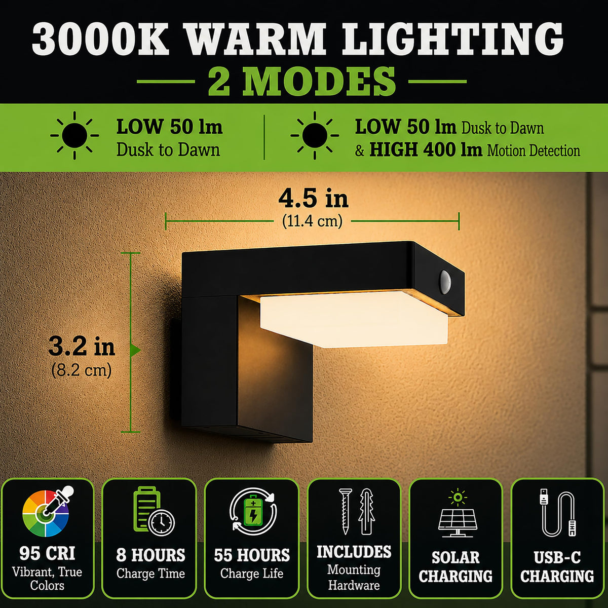 VerLuce - Square Solar Wall Lights - Solar Powered Wall Lamps - LED Lights - PIR Sensor & Two Lighting Modes - Rechargeable Battery Lasts Up to 55 Hours - 3000K - IP44 Weather Resistant - 2 Pack