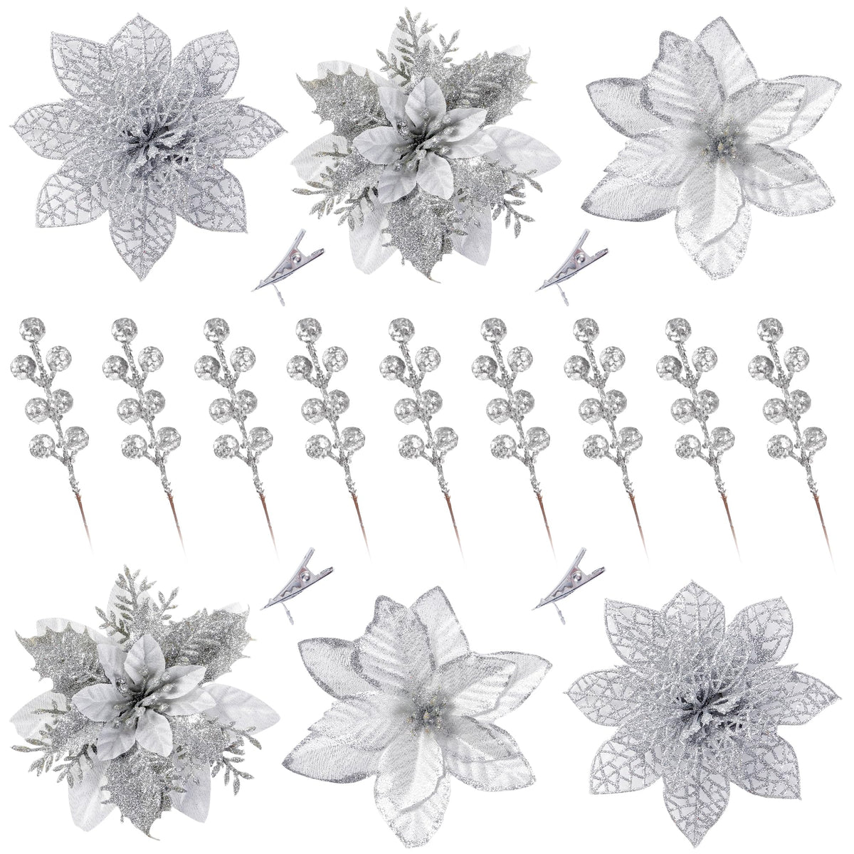 Sggvecsy 30 Pcs 3 Styles Christmas Glitter Poinsettia Flowers Artificial Berry Picks Christmas Tree Ornaments Artificial Christmas Flowers with Clips for Xmas Wreath Wedding Floral Decorations(Silver)
