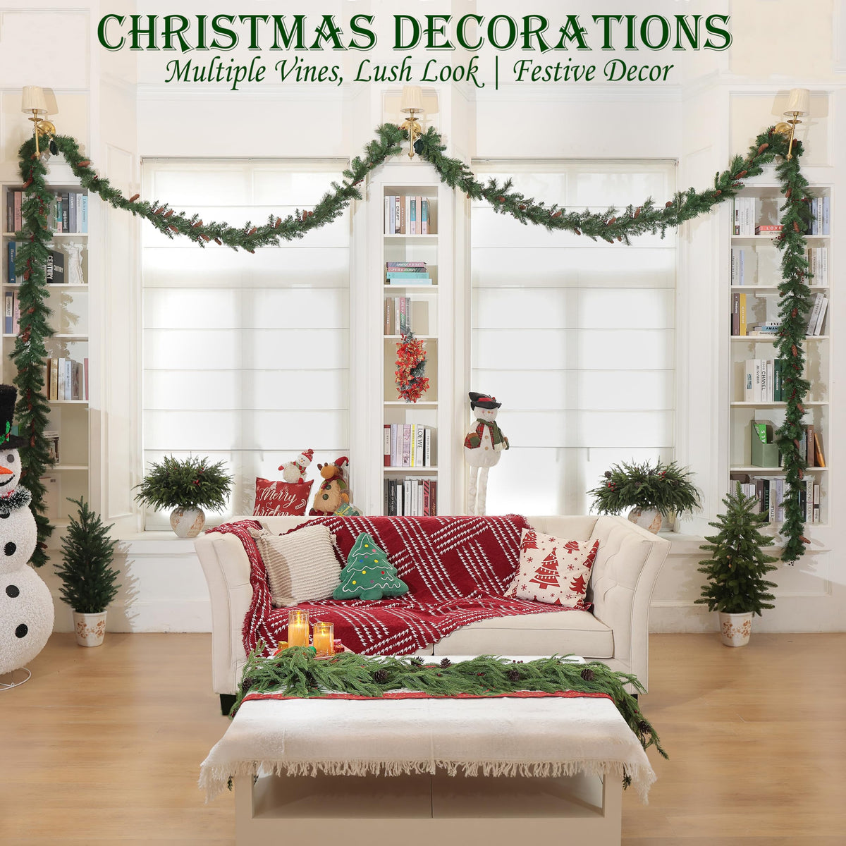 QXXQ 12-Piece Set 24" Artificial Norfolk Pine Branches - Christmas Decorations - Faux Christmas Greenary - Faux Norfolk Pine Stems for DIY Crafts Garland Wreath Home Decor- Free LED String Lights