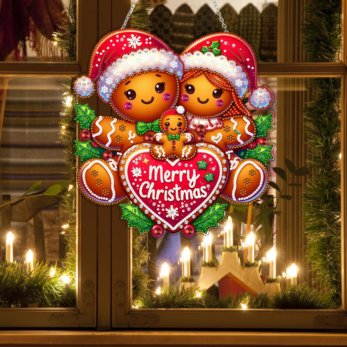 JJFox Diamond Art Hanging Kit for Adult,Special Shaped Rhinestone,DIY Acrylic Diamond Art Painting Window Pendants Home Garden Wall Hanging Kits Hanging Ornament,Double Sided (Gingerbread Man)