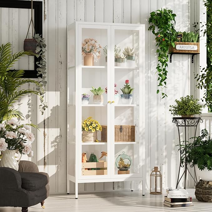 UNICOLY Display Cabinet with Glass Doors, Glass Display Cabinet 4-Tier