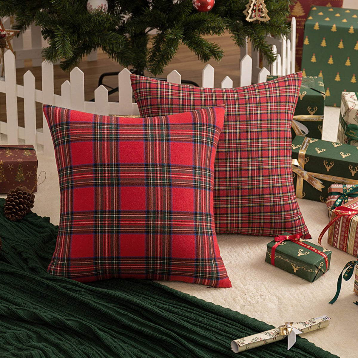 AQOTHES Pack of 2 Christmas Plaid Decorative Throw Pillow Covers Scottish Tartan Cushion Case for Farmhouse Home Holiday Decor Red and Green, 22 x 22 Inches