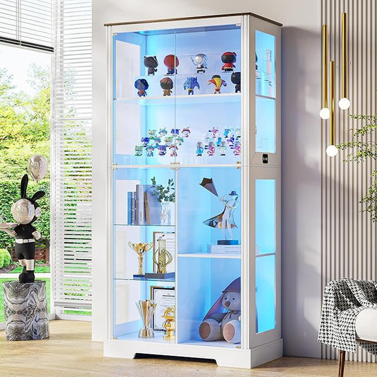71” Display Cabinet with Glass Doors, Modern Curio Cabinet with 3 Color Lights