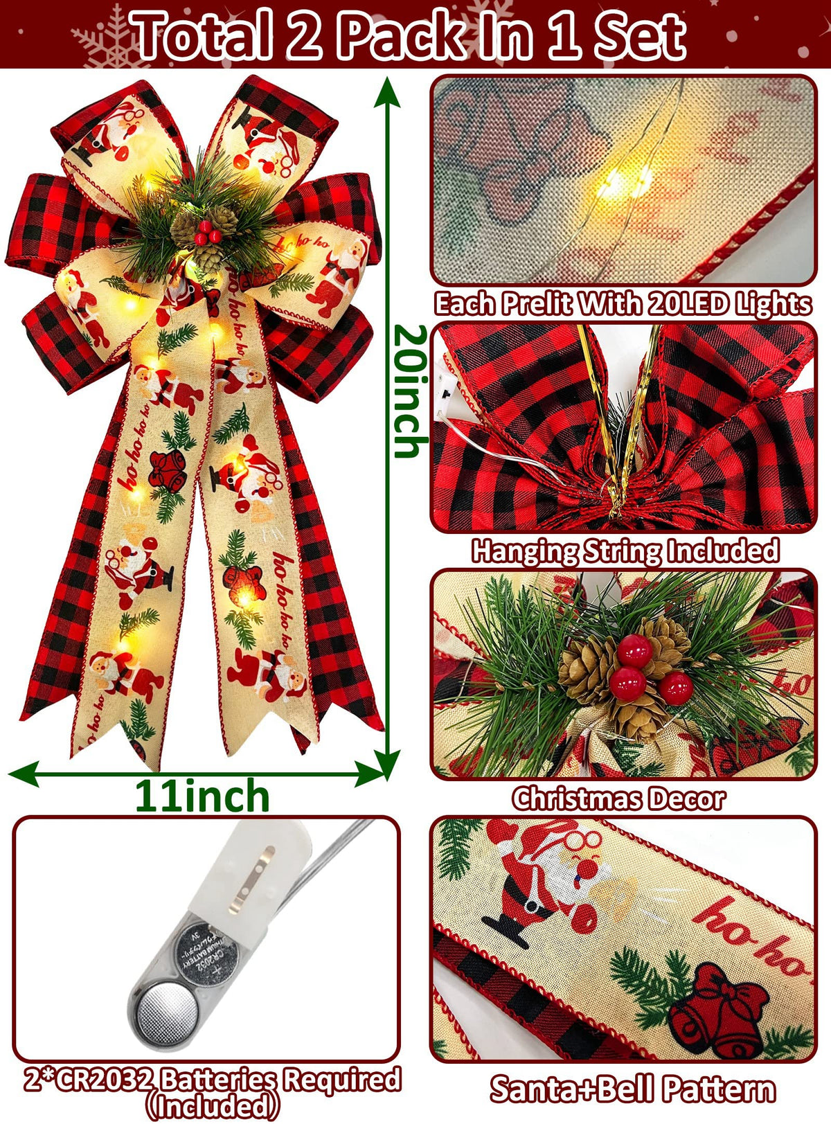 2 Pcs Prelit Christmas Bows Decor with 20 Lights, Santa Bells Black Red Buffalo Plaid Xmas Bows 20" by 11" Christmas Tree Wreaths Garland Bow Battery Powered Christmas Decorations Home Indoor Outdoor
