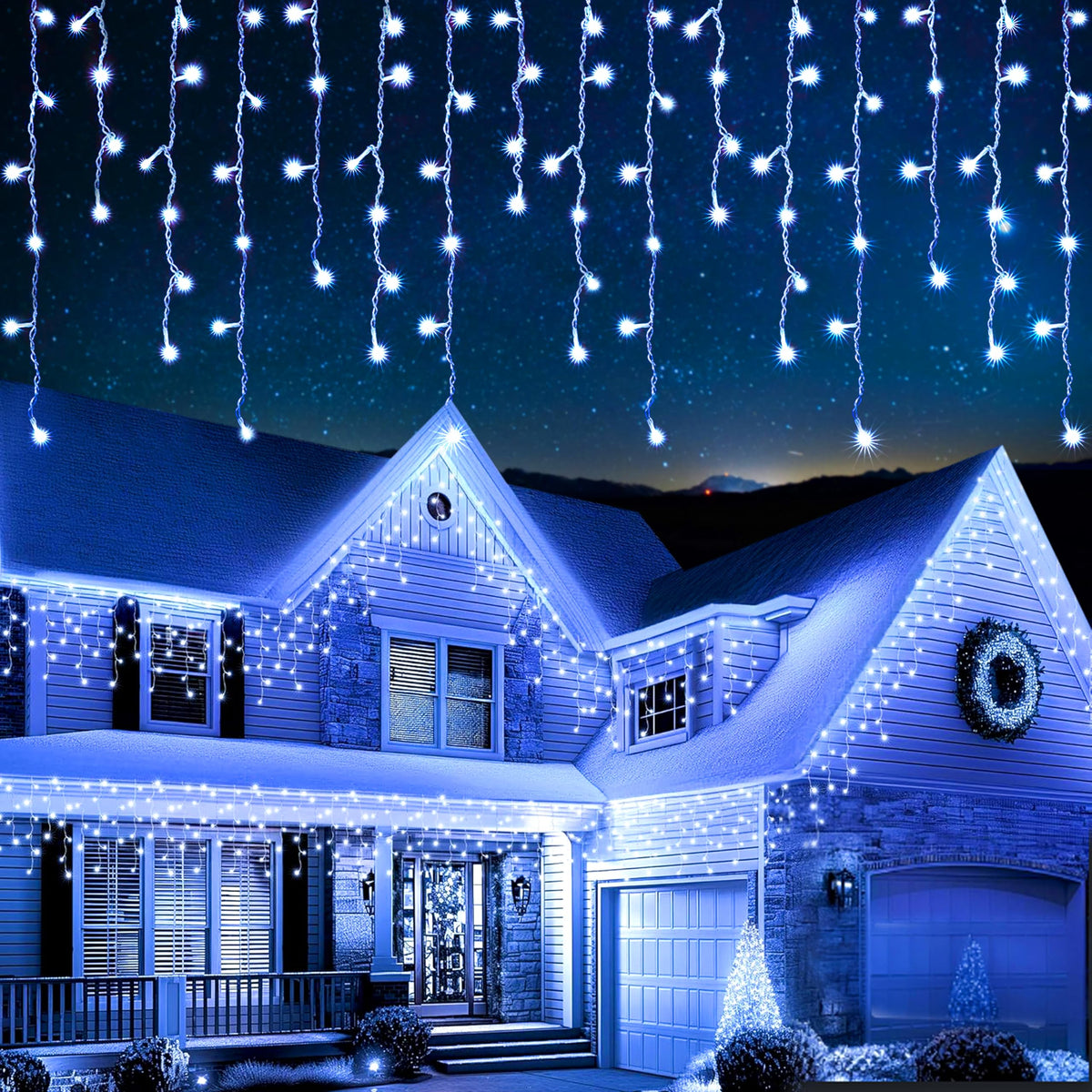 EcoNour Cool White Easter Icicle Lights for Outside, 114.82 FT 1000LED Outdoor Icicle Lights with 8 Mode, 8HR Timer, Memory Function, Clear Wire connectable, Plug in Fairy Lights for Roofline, Party
