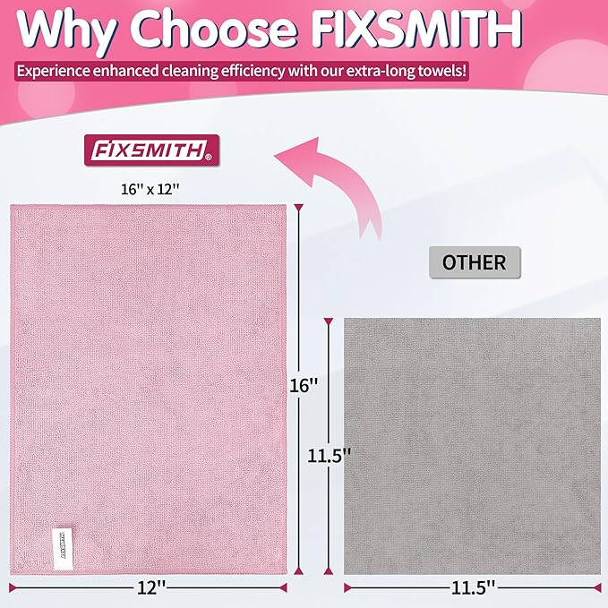 FIXSMITH Pink Microfiber Cleaning Cloth -Pack of 8, Highly Absorbent Cleaning