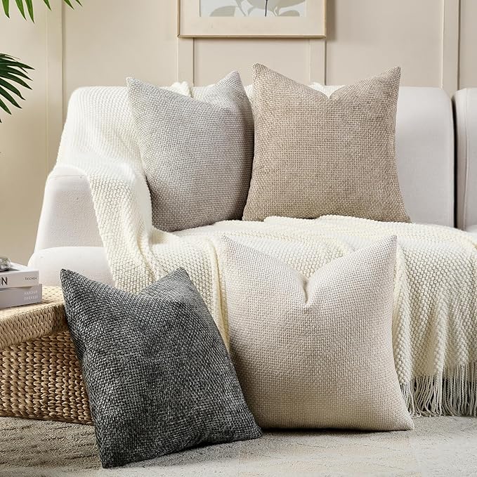 Volcanics Boho Throw Pillow Covers 18x18 Set of 4, Neutral Chenille Decorative