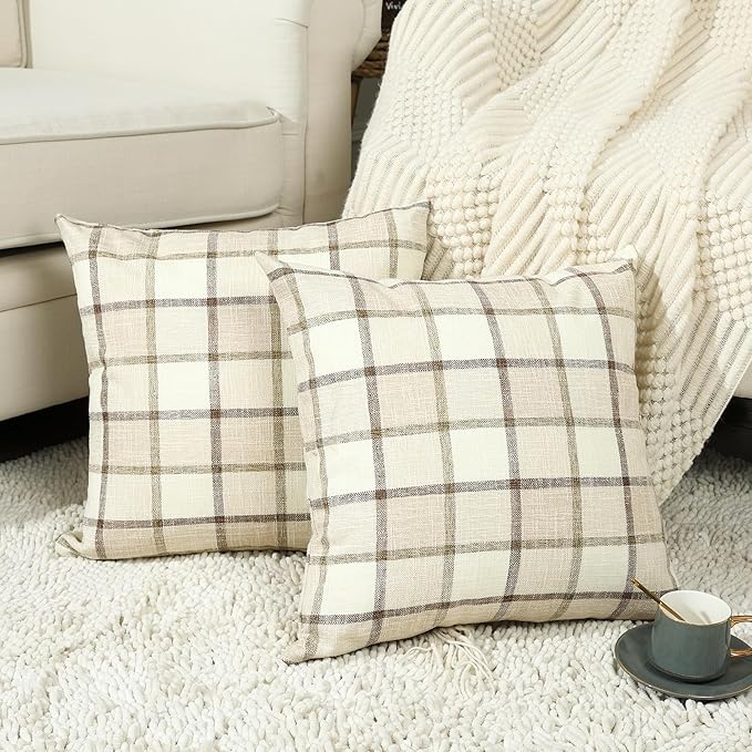 Stellhome Pack of 2 Linen Buffalo Check Decorative Fall Throw Pillow Covers