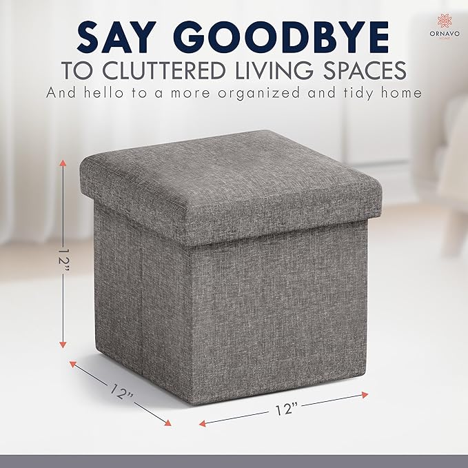 Ornavo Home Small Storage Ottoman Foldable Collapsible Cube Square Linen