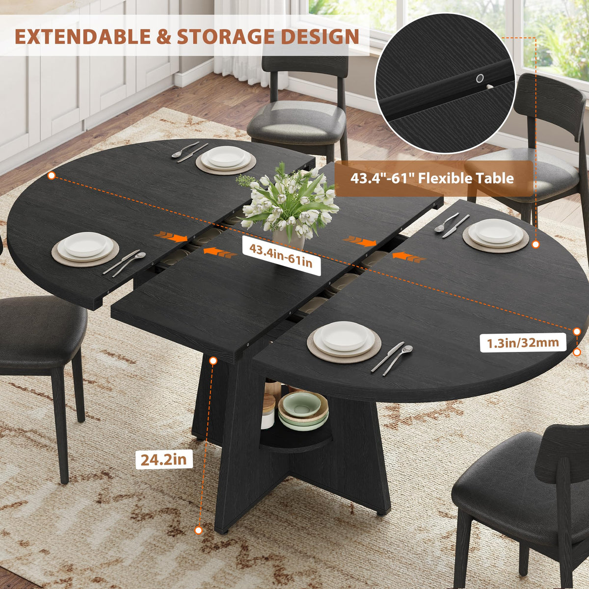 Extendable Dining Table, Round Kitchen Dining Room Dinner Table with for 4 6 8 People, Space Saving Modern Oval Expandale Furniture with Storage and Pedestal for Kitchen Living Room (Black)