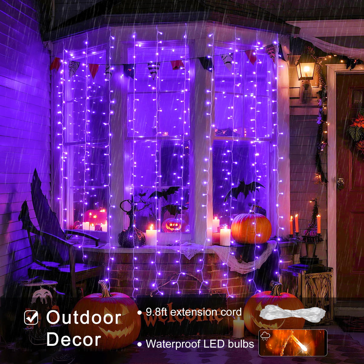 JMEXSUSS 300LED Purple Halloween Lights with Remote, 9.8x9.8ft Curtain Lights Plug in, 8 Modes Hanging String Lights for Indoor, Outdoor, Bedroom, Window, Party, Backdrop, Xmas, Halloween Decorations