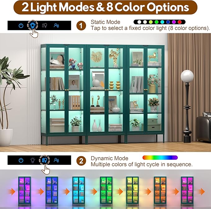 UNICOLY Display Cabinet with Glass Doors, Glass Display Cabinet with 8 Color