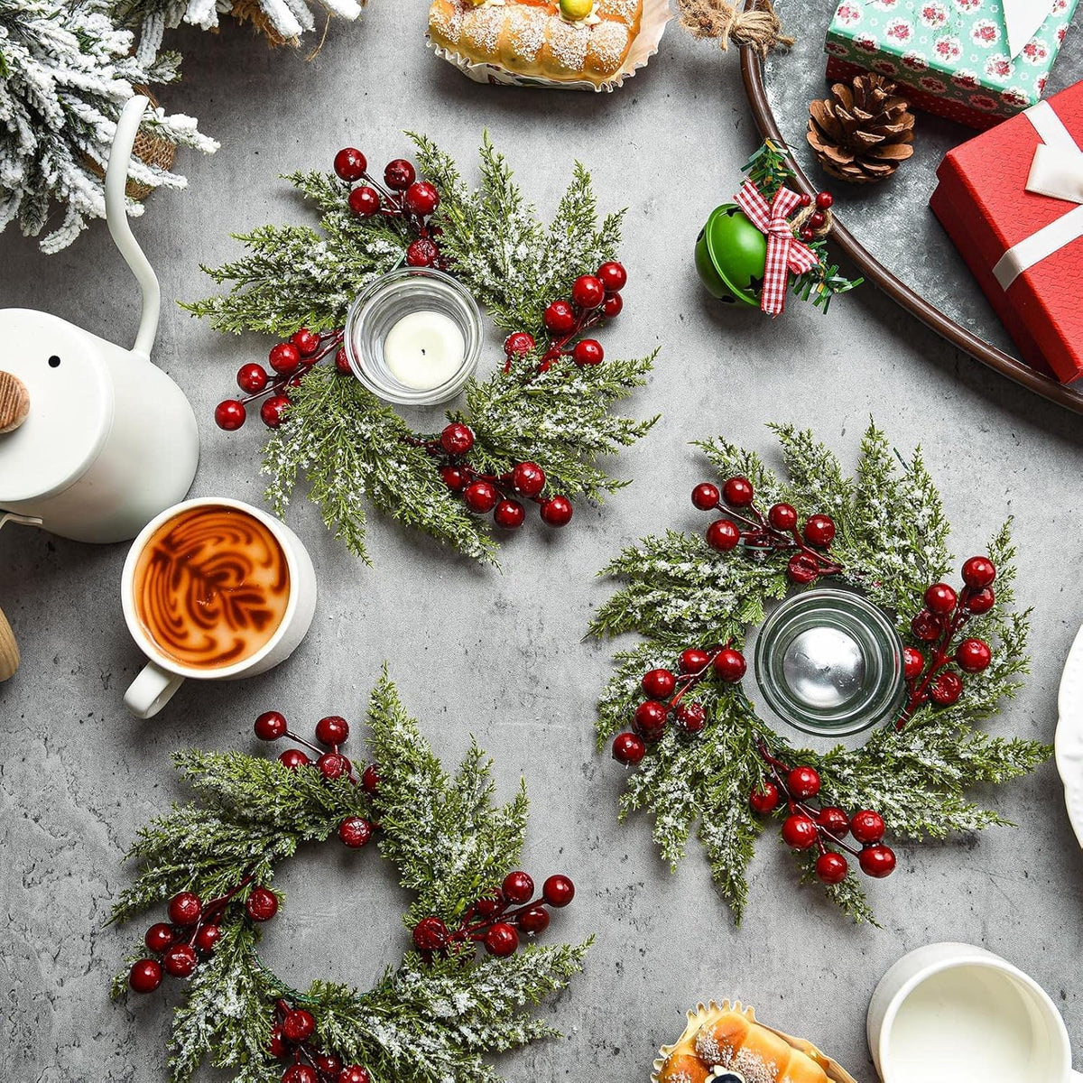 12 Pieces 8" Mini Christmas Wreaths - Small for Kitchen Cabinet/Window/Front Door, Artificial Red Berries & Pinecones, Christmas Candle Rings, Table/Farmhouse Decoration (No Ribbon)