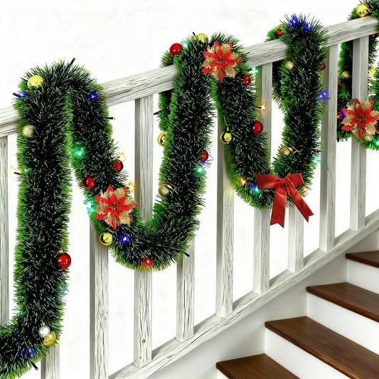 PWSOMJ 32 Feet Christmas Garland with Lights, DIY Christmas Tree Wall Corner Decor Tinsel Garland with Butterfly, Flower and Balls, Battery Operated (Battery Not Included) for DIY Decoration