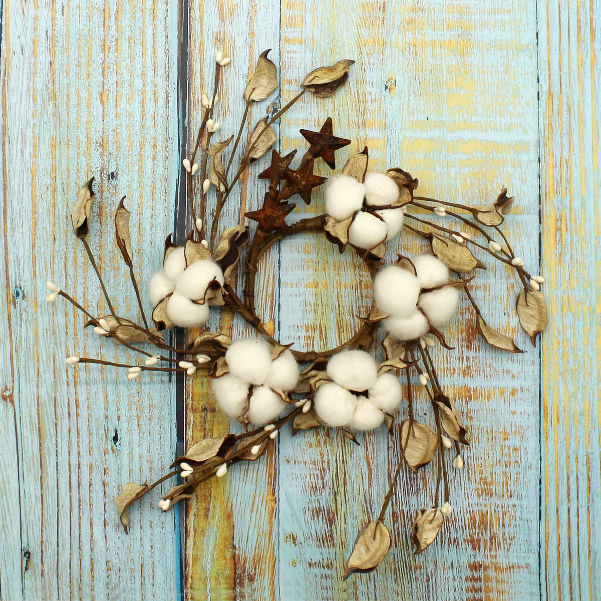 CVHOMEDECO. Primitives Rustic Pod Pip Berries and Autumn Leaves with Rusty Barn Stars Wreath, 9-Inch