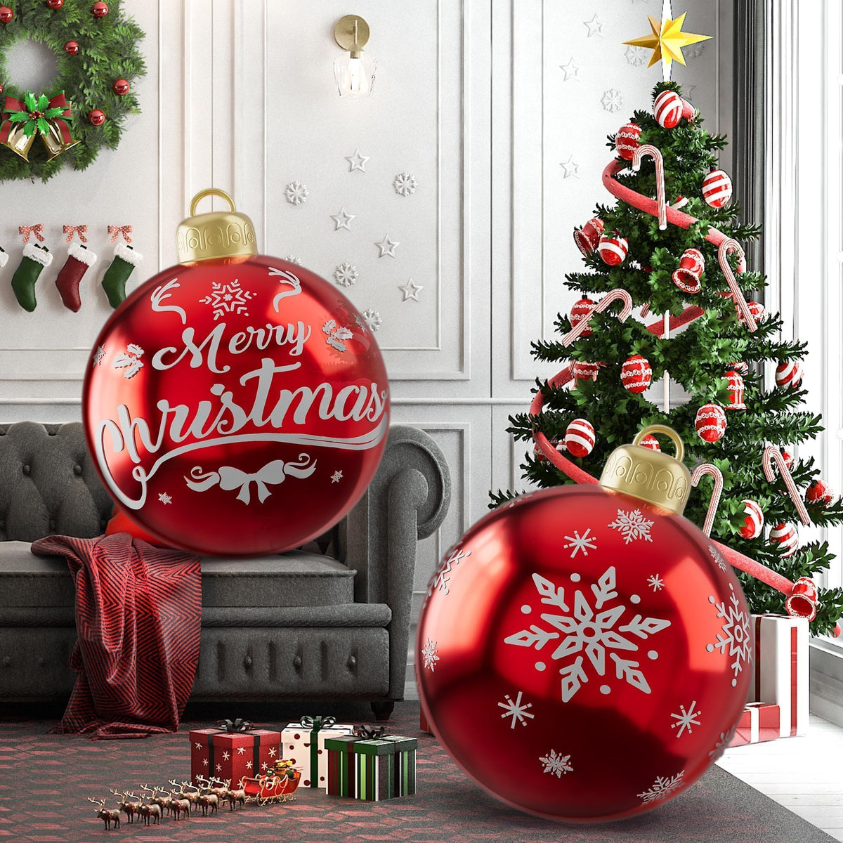 2PCS 24 Inch Christmas Inflatable Ball, PVC Giant Inflatable Ornaments Balls Red Blow up Ornament Balls, Inflatable Christmas Decorations for Outside Holiday Yard Lawn Decor(Merrychristmas Snowflake)