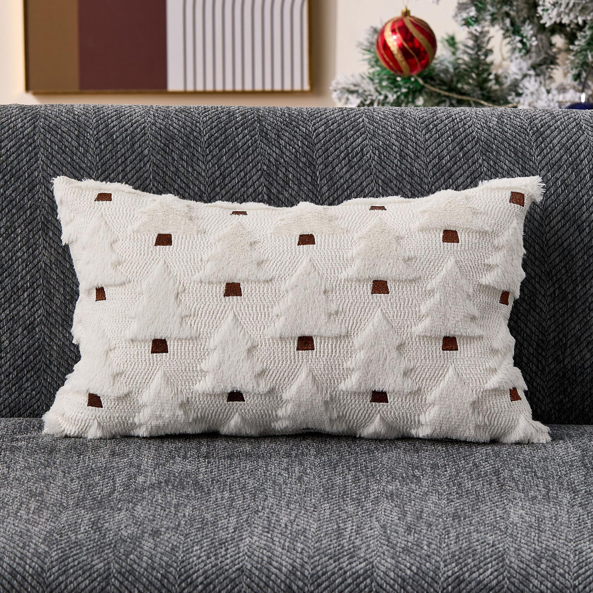 Allorry Christmas Lumbar Pillow Cover12x20 Christmas Decorations Soft Plush Faux Fur Wool Cream White Xmas Tree Throw Pillow Covers Winter Xmas Home Bedroom Sofa Decor PT-018D12