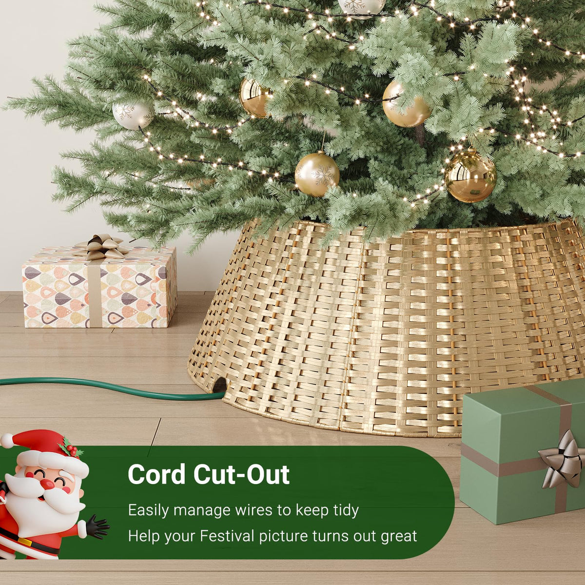 ELYKEN Gold Christmas Tree Collar, 28 Inch Woven Xmas Tree Skirt for 7.5 ft Trees, Stylish Rustic Basket for Tree Base Cover with Cord Cut-Out for Pencil Trees, Easy Assembly