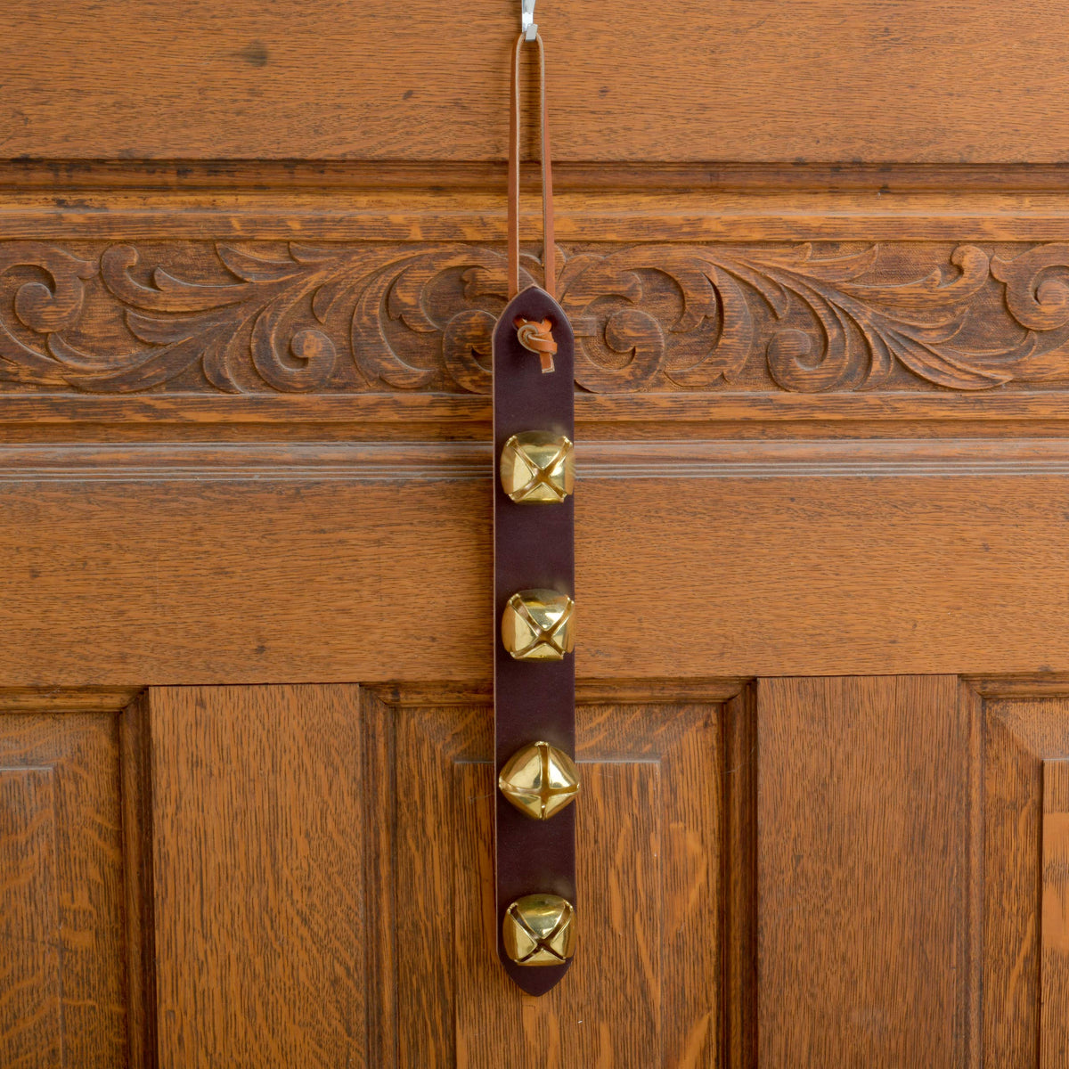 Amish Crafted Leather Strap Arctic Sleigh Bell Door Hanger Hanging Jingle Bells (Brown Leather, 14 Inches)