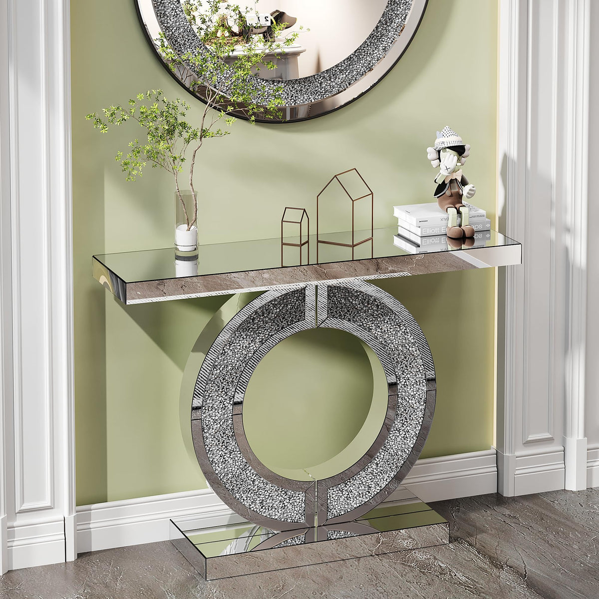 KEIKI Modern Mirrored Console Table with Crystal O-Shaped Base, 43" Luxury Glass Entryway Sofa Table, Rectangular Accent Foyer Table for Living Room Foyer Hallway Entrance, Silver