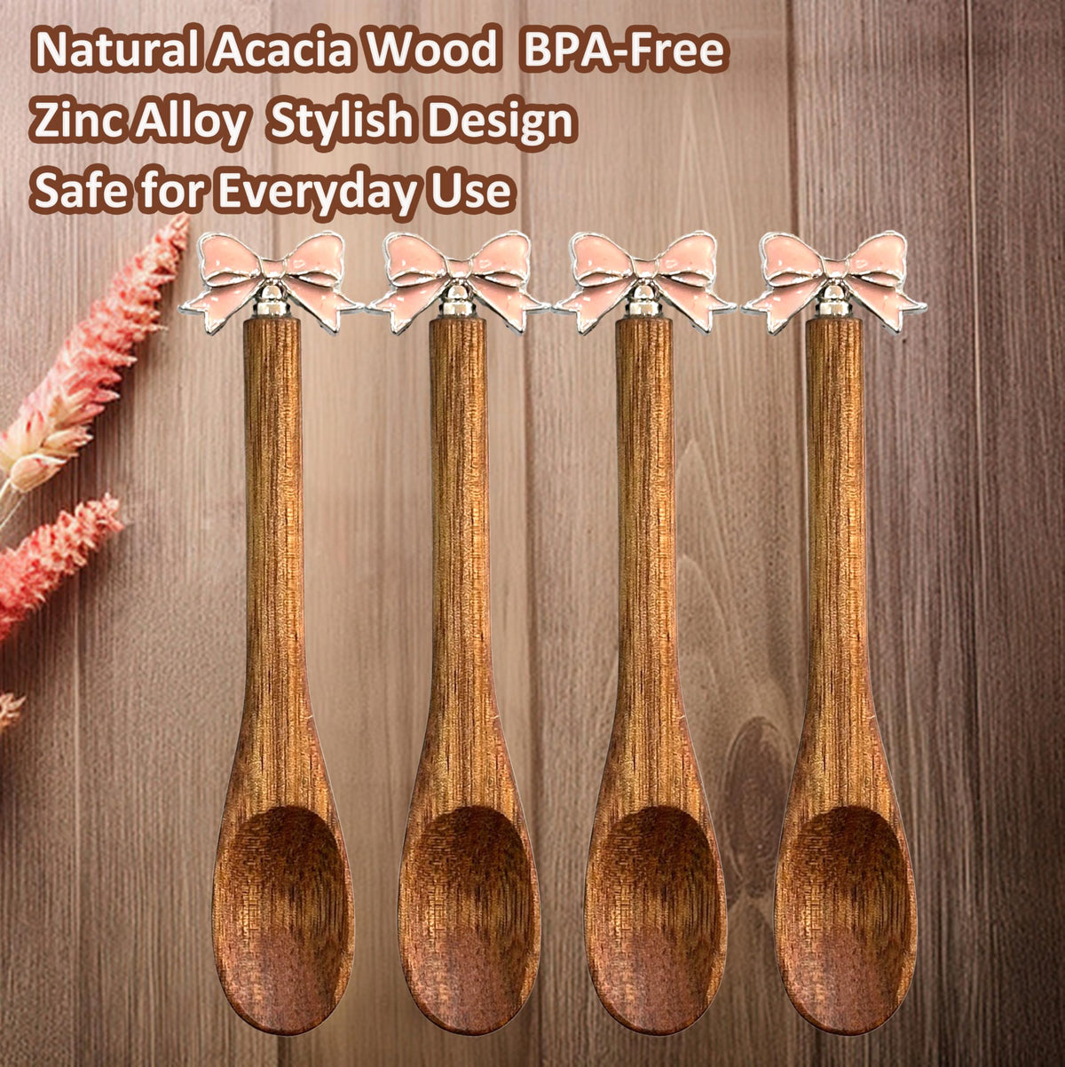 Wooden Stir Spoon for Honey Coffee Stirring Tea Yogurt Jars, Cute Small Wooden Spoon for Eating, Collection Spoons, Holiday Wooden Teaspoon 5.1 Inches Length(4pcs) (Pink bowknot)