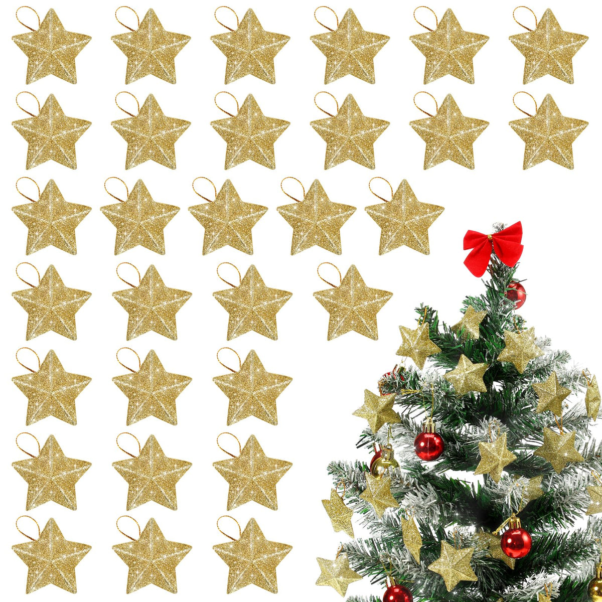 DEARMAMY 30 Pcs Gold Glitter Star Ornaments Christmas Tree Pendant Mini Hanging Stars Mini Gold Glitter Pendant Xmas Tree Ornament 3D for Christmas