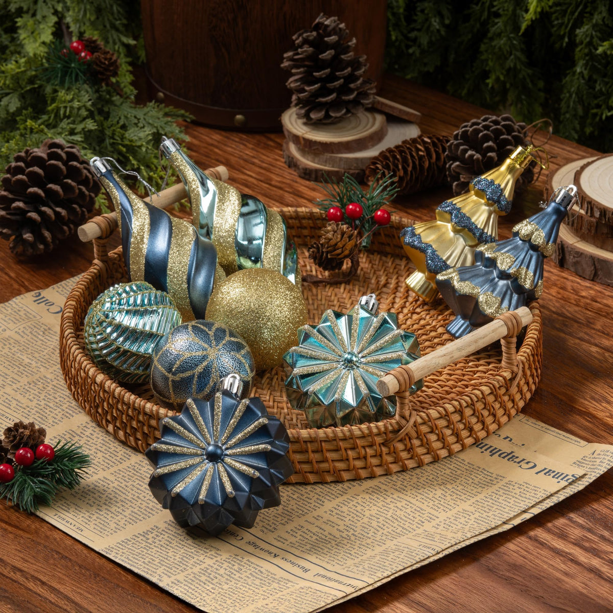 108 Pcs Christmas Ball Ornaments Set, Blue and Gold Shatterproof Hand-Painted Hanging Bulbs Decoration for Xmas Tree, Wreath, Garland, Home Holiday Decor