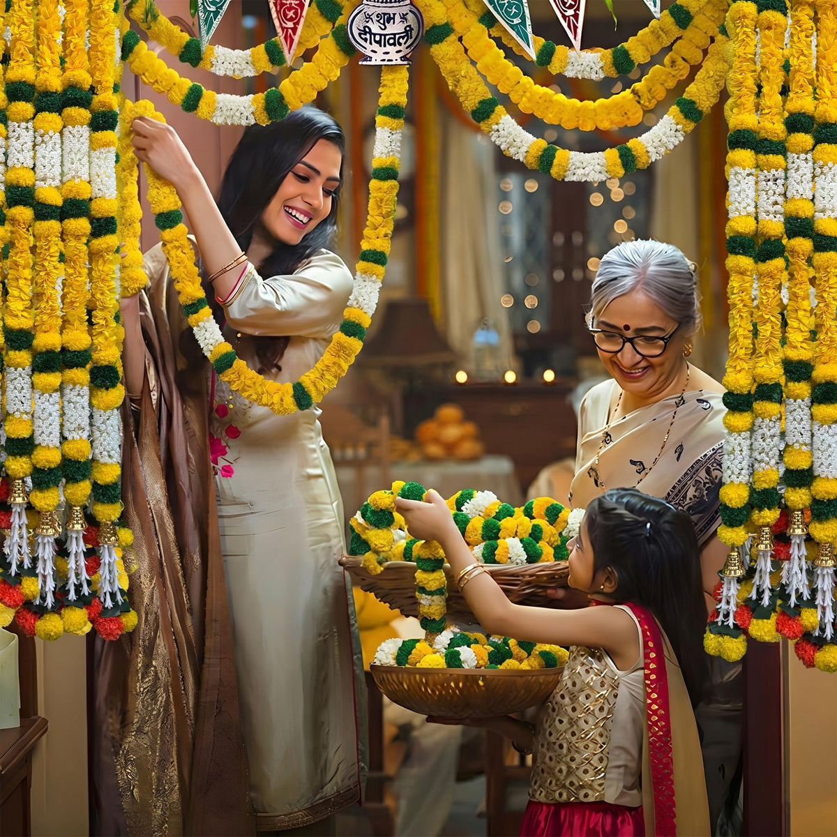 DIYANA IMPEX 4 Pc Artificial Marigold Garland with Bells, 5 Ft Long Hanging Flower Strings for Diwali Decorations, Indian Wedding, Party, Home Decor, Ganpati Hanging Decor & Mantle Decor (Yellow)