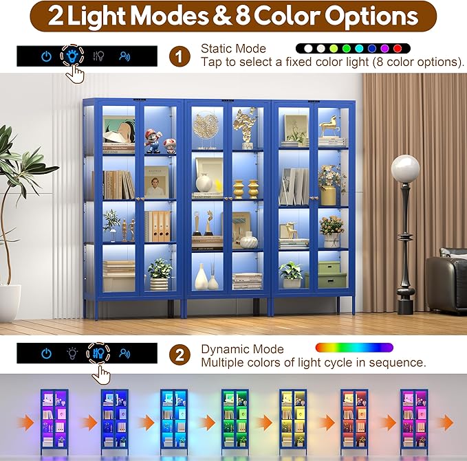 UNICOLY Display Cabinet with Glass Doors, Glass Display Cabinet with 8 Color