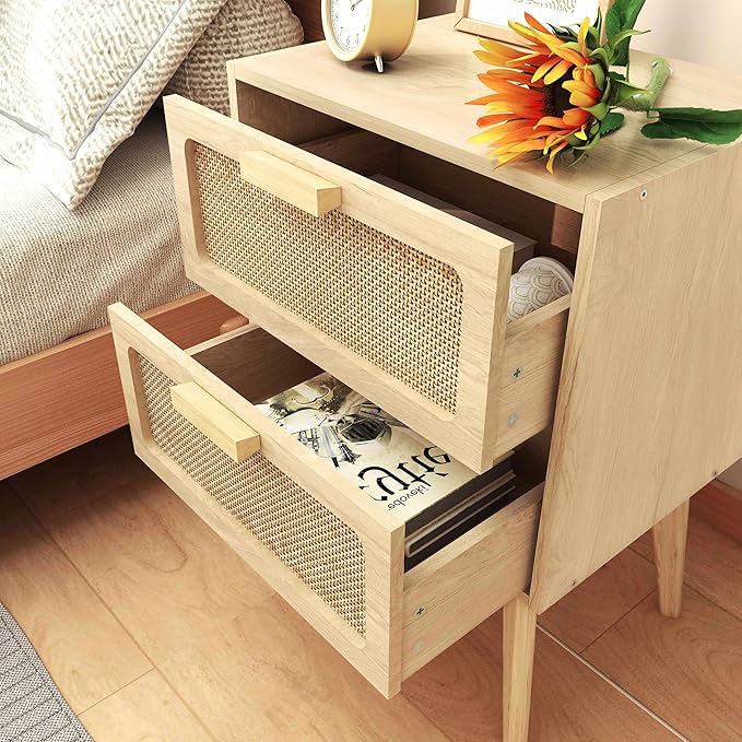 YAUKOMEL Rattan Nightstand, Wood End Table, Side Table