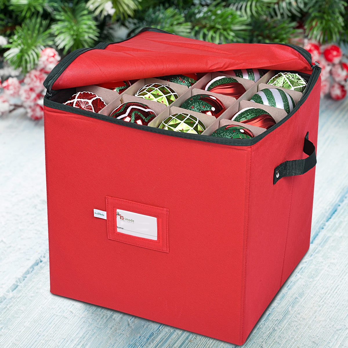 Primode Christmas Ornament Storage Box, 4 Individual Trays Xmas Storage Container, Fits 64 Ornaments Decoration Balls, Constructed of Durable Polyester Material (Red)