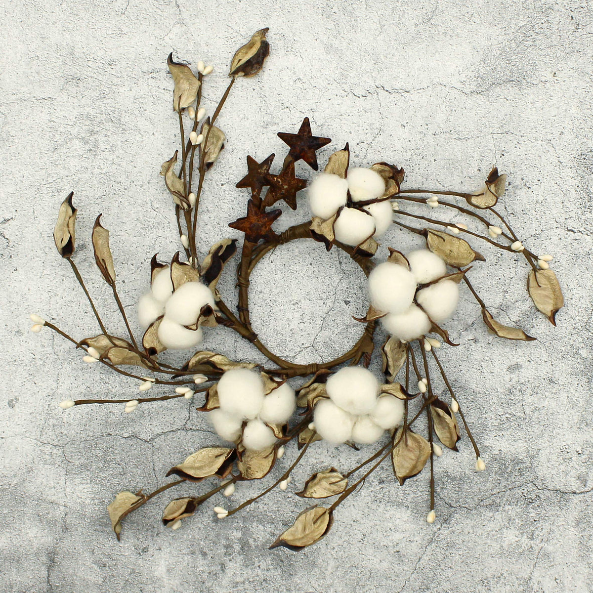 CVHOMEDECO. Primitives Rustic Pod Pip Berries and Autumn Leaves with Rusty Barn Stars Wreath, 9-Inch