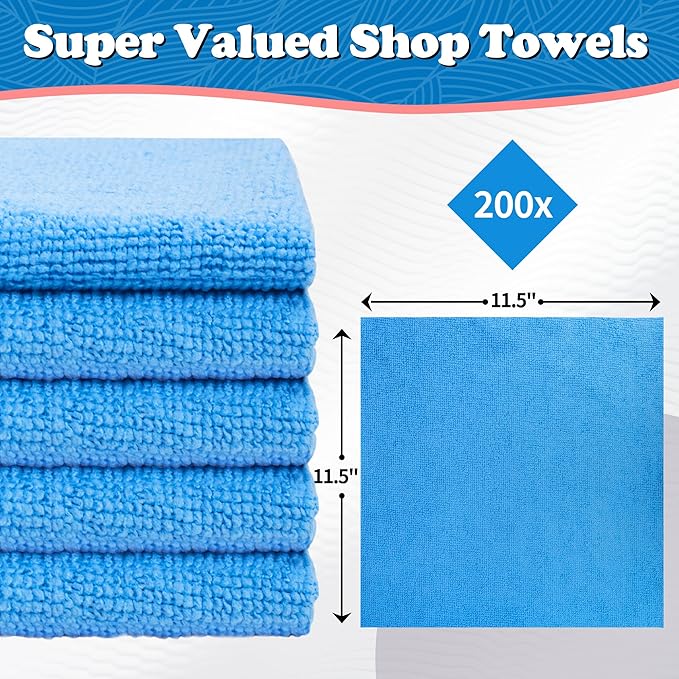 FIXSMITH Shop Towels, Microfiber Cleaning Cloth Bulk, 200 Pack Microfiber Towels
