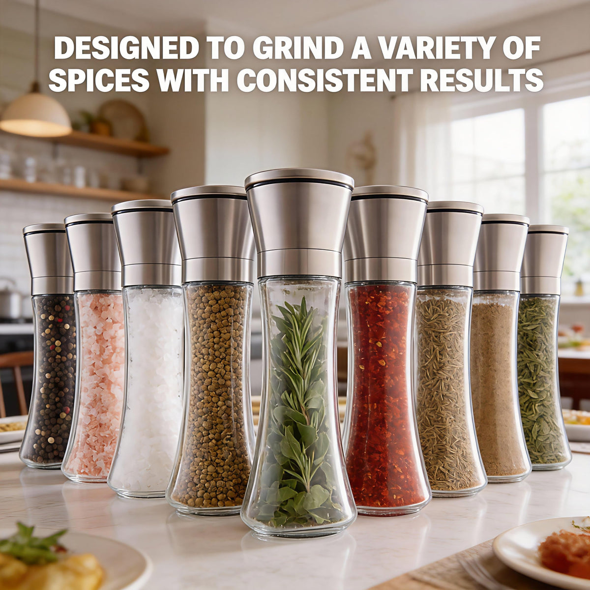 Gorgeous Salt & Pepper Grinder Set — Refillable Stainless Steel & Glass Spice Mill with Adjustable Coarseness - Perfect For Himalayan Or Sea Salts, Fresh Ground Pepper, Or Fresh Spices (2 Pack)