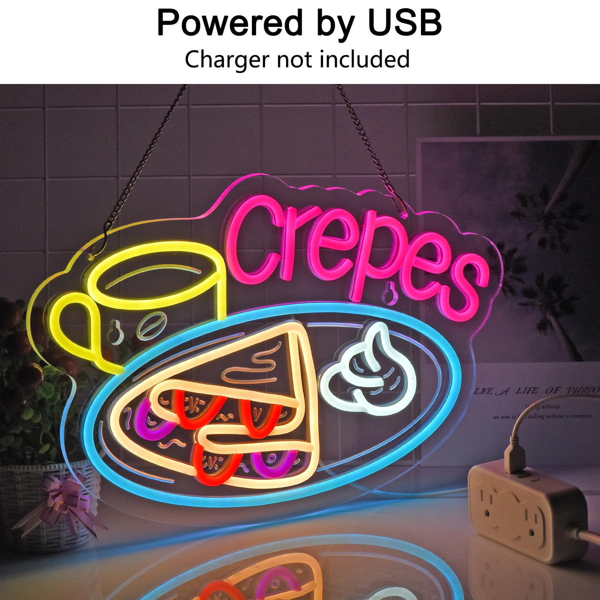 JOMOBUTY Crepes Neon Sign, Neon Lights Hanging Wall Art Decoration for Business Restaurant Shop Store House Bar Cafe Party Home Decor, USB Powered Ultra Bright Dimmable,16.14×10.63inches