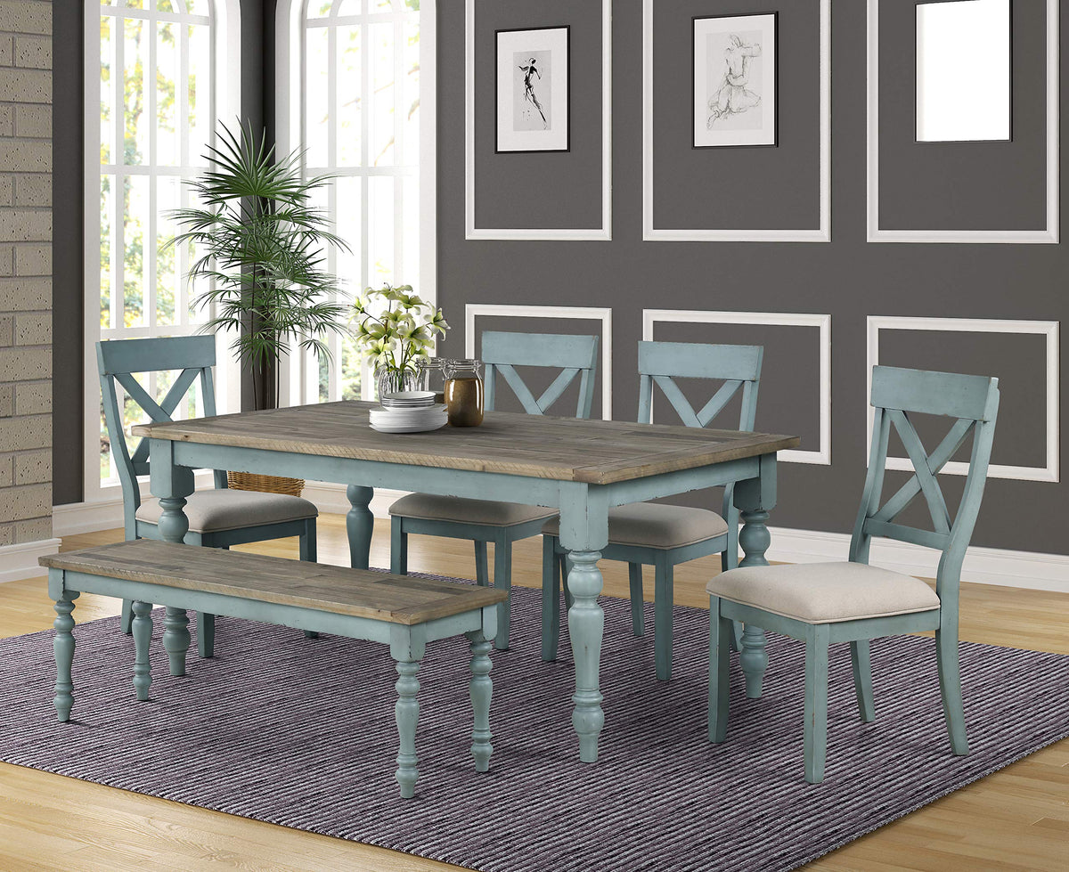 Roundhill Furniture Prato 6-Piece Dining Set, Dining Table with 4 Cross Back Chairs and Bench, Antique Blue and Distressed Walnut Finish