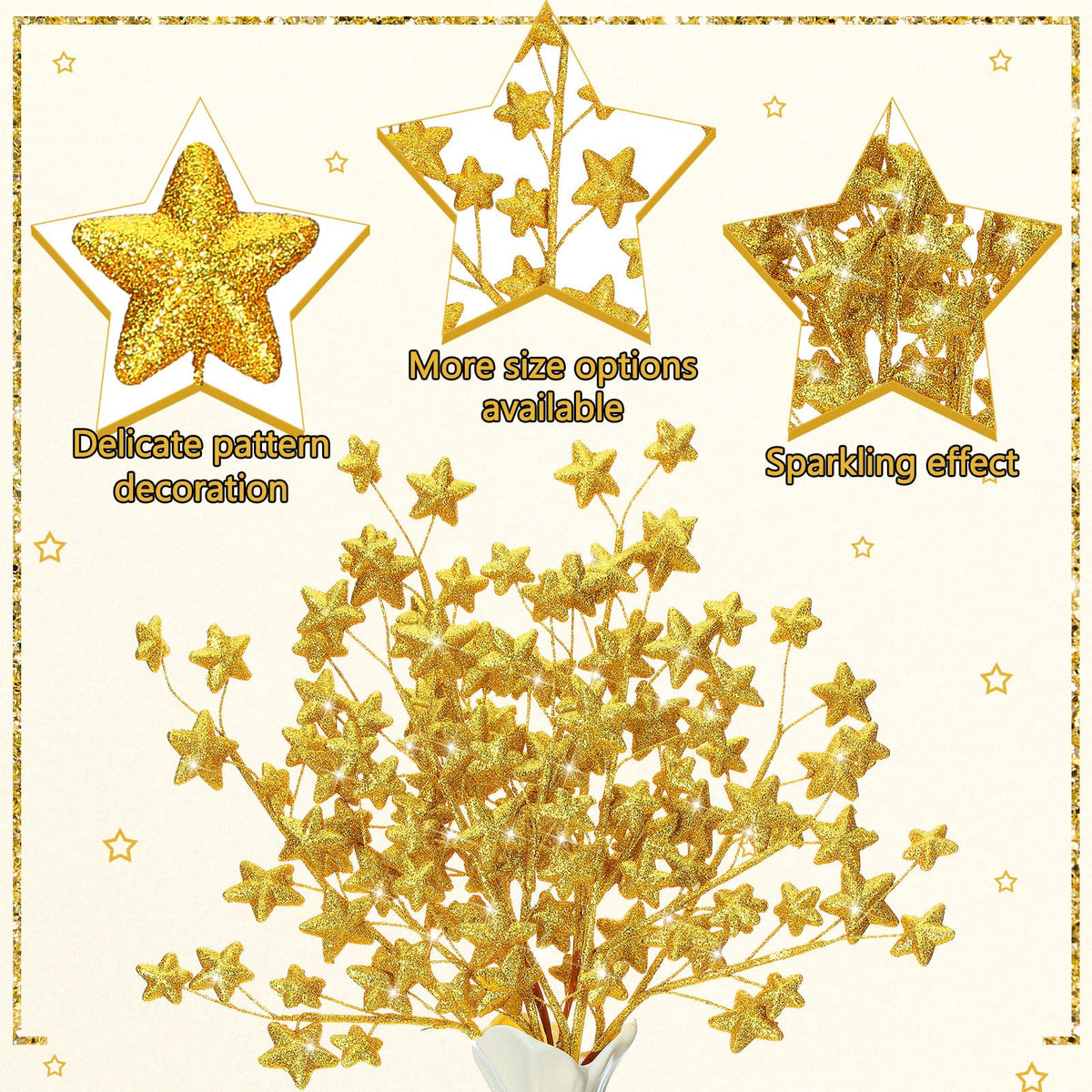 Rivvlive 6 Pcs Glitter Star Picks 17.7 Inch Sparkly Star Tree Stem Picks Twinkle Sticks Foam Vase Table Craft Decoration for Christmas Birthday Party Wedding Centerpieces (Gold)