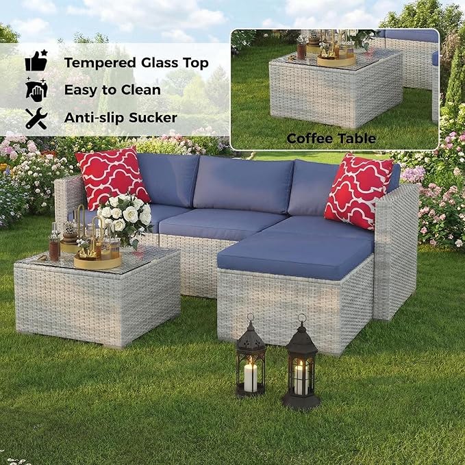 5-Piece L-Shaped Outdoor Patio Furniture Set, PE Wicker Sectional Sofa Set
