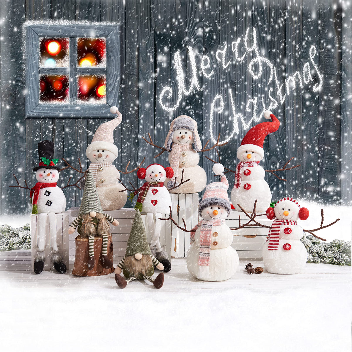 WORLDECO Snowman Christmas Decorations with Bowler Hat, Xmas Handmade Plush Ornaments for Indoor, Home and Holiday