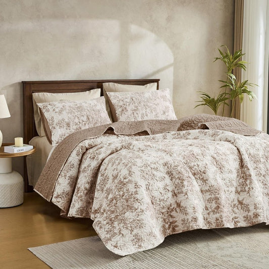Wonderful Spring Fresh Quilt, Taupe Floral Bedspread Queen Size, 3 Piece Cotton Vintage Farmhouse Bedding Set, Machine Washable Lightweight Soft Bed Cover for All Season