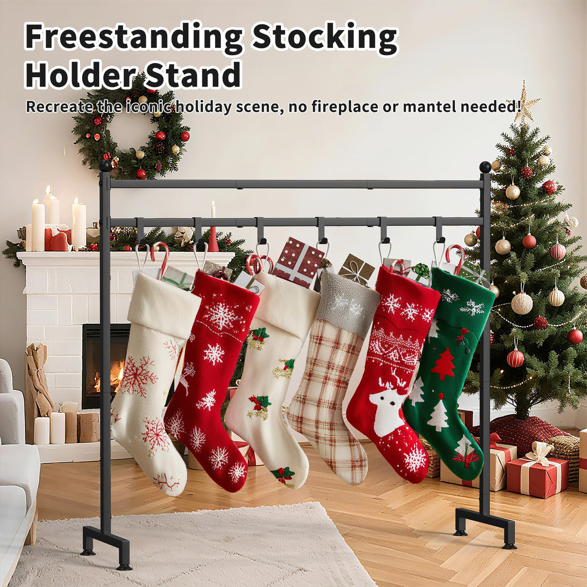 Livilord Christmas Stocking Holder Stand with 8 Hook, Heavy Duty Freestanding Christmas Stocking Stand for Floor, Metal Holiday Decor Hanger Display for Fireplace Xmas Holiday Decoration