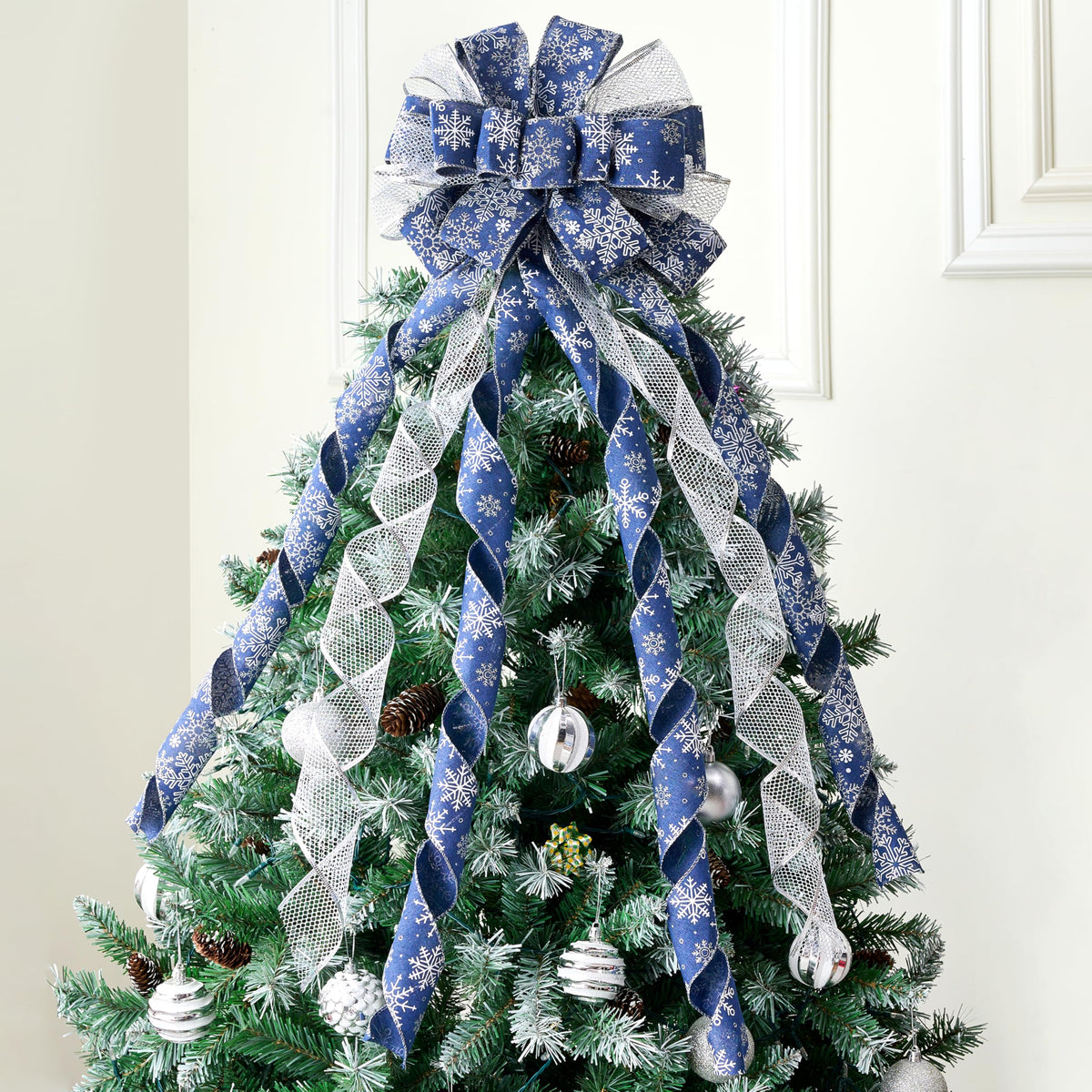 JOIEDOMI 45 Inch Christmas Tree Topper Wreath Bow, Blue and Silver Ribbon Ornaments with Snowflakes and Glitter, Large Gift Decor for Xmas Holiday Themed Decoration Home Parties Wedding